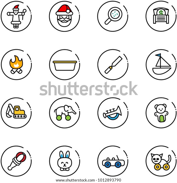 line vector icon set - santa\
claus vector, bacteria, money chest, fire, basin, rasp, sailboat\
toy, excavator, elephant wheel, horn, bear, beanbag, rabbit, car,\
cat