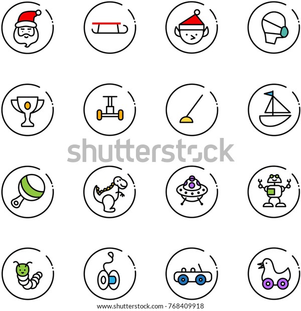 line\
vector icon set - santa claus vector, sleigh, christmas elf,\
medical mask, gold cup, gyroscope, hoe, sailboat toy, beanbag,\
dinosaur, ufo, robot, caterpillar, yoyo, car,\
duck