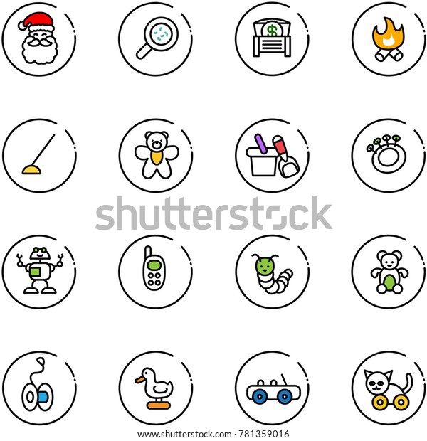 line vector icon set - santa claus\
vector, bacteria, money chest, fire, hoe, bear toy, shovel bucket,\
beanbag, robot, phone, caterpillar, yoyo, duck, car,\
cat