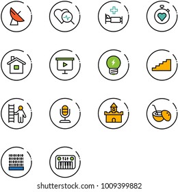 line vector icon set - satellite antenna vector, heart diagnosis, hospital bed, stopwatch, home, presentation board, idea, stairs, opportunity, microphone, sand fort, coconut cocktail, binary code