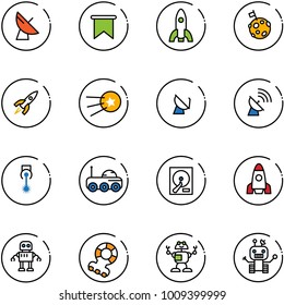 line vector icon set - satellite antenna vector, flag, rocket, moon, first, laser, rover, hdd, robot, teethers