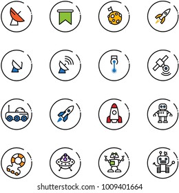 line vector icon set - satellite antenna vector, flag, moon, rocket, laser, rover, robot, teethers, ufo toy