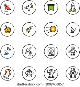 line vector icon set - satellite antenna vector, telescope, flag, rocket, moon, first, hdd, robot, teethers, ufo toy