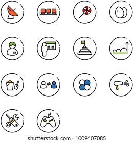 line vector icon set - satellite antenna vector, waiting area, lollipop, eggs, manager, presentation, pyramid flag, growth, bucket scoop, information exchange, atom core, dryer, wrench screwdriver