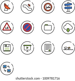 line vector icon set - satellite antenna vector, escalator down, no smoking sign, road signpost, children, parking, folder, download cloud, save, presentation board, agreement, swimming