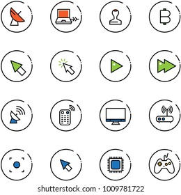 line vector icon set - satellite antenna vector, netabook connect, stamp, bitcoin, cursor, play, fast forward, remote control, monitor, wi fi router, record button, cpu, joystick