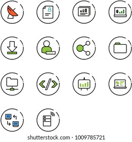 line vector icon set - satellite antenna vector, patient card, statistics report, account, download, user password, share, folder, network, tag code, presentation chart, monitor, data exchange
