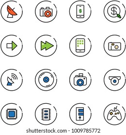 line vector icon set - satellite antenna vector, camera, mobile payment, money click, right arrow, fast forward, photo, cd, surveillance, cpu, chip, server, joystick