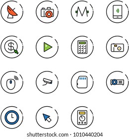 line vector icon set - satellite antenna vector, camera, monero, mobile payment, money click, play, calculator, photo, mouse wireless, surveillance, micro flash card, projector, clock, cursor