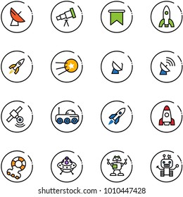 line vector icon set - satellite antenna vector, telescope, flag, rocket, first, moon rover, teethers, ufo toy, robot