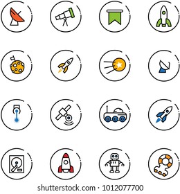 line vector icon set - satellite antenna vector, telescope, flag, rocket, moon, first, laser, rover, hdd, robot, teethers