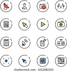 line vector icon set - satellite antenna vector, stamp, camera, monero, calculator, cursor, play, remote control, joystick wireless, record button, cpu, circuit