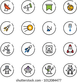 line vector icon set - satellite antenna vector, telescope, flag, moon, rocket, first, laser, hdd, robot, ufo toy