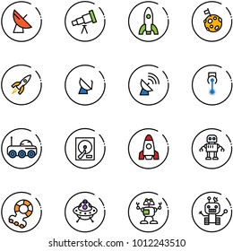 line vector icon set - satellite antenna vector, telescope, rocket, moon flag, laser, rover, hdd, robot, teethers, ufo toy