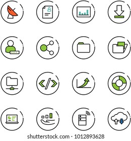 line vector icon set - satellite antenna vector, patient card, statistics, download, user password, share, folder, network, tag code, growth arrow, circle chart, monitor, server wireless
