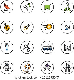 line vector icon set - satellite antenna vector, telescope, flag, rocket, moon, first, laser, rover, hdd, robot, teethers, ufo toy