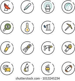 line vector icon set - satellite antenna vector, thermometer, mri, basketball ball, search money, oil derrick, axe, wrench, bolt cutter, drill machine, Angular grinder, tool, winch, allen key set