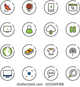line vector icon set - satellite antenna vector, globe, mobile payment, cursor browser, monitor, user, download cloud, pause, dollar, t shirt, record button, chat, magnifier