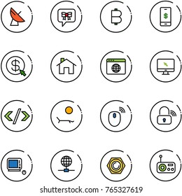 line vector icon set - satellite antenna vector, bow message, bitcoin, mobile payment, money click, home, browser globe, monitor cursor, tag code, lounger, mouse wireless, lock, monoblock pc, nut
