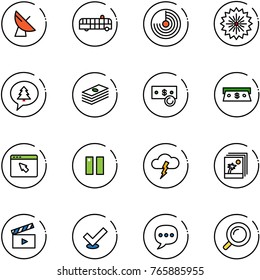line vector icon set - satellite antenna vector, airport bus, radar, firework, merry christmas message, dollar, cash, cursor browser, pause, storm, photo, movie flap, check, chat, magnifier