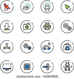 line vector icon set - satellite antenna vector, mri, cursor, download, camera, printer, gears, gyroscope, gear, car wireless, monitor, cpu, steel rolling, robot