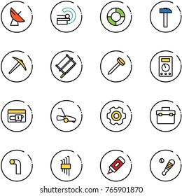 line vector icon set - satellite antenna vector, mri, lifebuoy, hammer, axe, bucksaw, nail, multimeter, generator, lawn mower, gear, tool box, allen key, set, marker, baseball bat