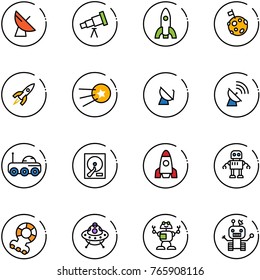 line vector icon set - satellite antenna vector, telescope, rocket, moon flag, first, rover, hdd, robot, teethers, ufo toy