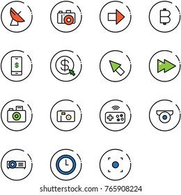 line vector icon set - satellite antenna vector, camera, right arrow, bitcoin, mobile payment, money click, cursor, fast forward, photo, joystick wireless, surveillance, projector, clock
