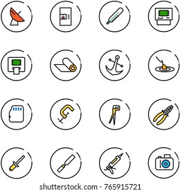 line vector icon set - satellite antenna vector, coffee machine, thermometer, atm, mat, anchor, fishing, micro flash card, clamp, plumber, pliers, clinch, rasp, gun sealant, camera