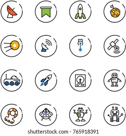 line vector icon set - satellite antenna vector, flag, rocket, moon, first, laser, rover, hdd, robot, teethers, ufo toy