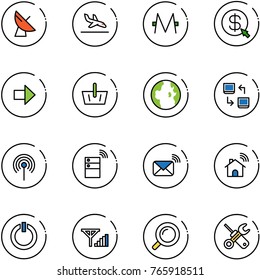 line vector icon set - satellite antenna vector, arrival, monero, money click, right arrow, basket, globe, data exchange, server wireless, mail, home, standby button, fine signal, magnifier