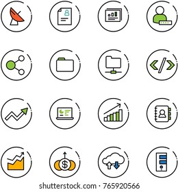 line vector icon set - satellite antenna vector, patient card, statistics report, user password, share, folder, network, tag code, growth arrow, monitor, contact book, dollar, cloud exchange data