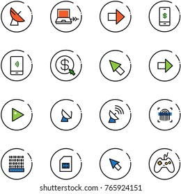 line vector icon set - satellite antenna vector, netabook connect, right arrow, mobile payment, money click, cursor, play, fingerprint scanner, binary code, sim, joystick