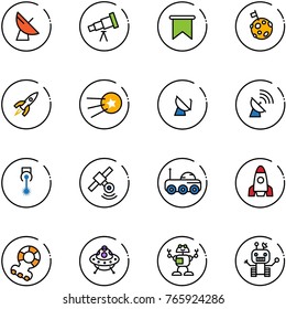 line vector icon set - satellite antenna vector, telescope, flag, moon, rocket, first, laser, rover, teethers, ufo toy, robot