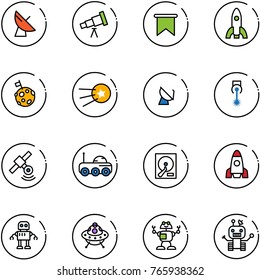 line vector icon set - satellite antenna vector, telescope, flag, rocket, moon, first, laser, rover, hdd, robot, ufo toy