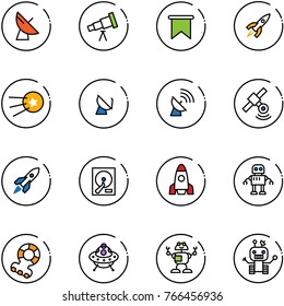 line vector icon set - satellite antenna vector, telescope, flag, rocket, first, hdd, robot, teethers, ufo toy