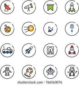 line vector icon set - satellite antenna vector, telescope, flag, rocket, moon, first, laser, rover, hdd, robot, teethers, ufo toy