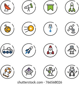 line vector icon set - satellite antenna vector, telescope, flag, rocket, moon, first, laser, rover, robot, teethers, ufo toy