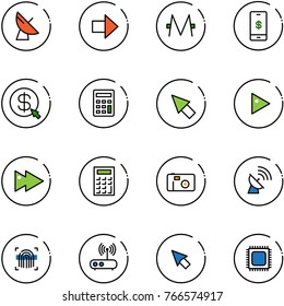 line vector icon set - satellite antenna vector, right arrow, monero, mobile payment, money click, calculator, cursor, play, fast forward, photo, fingerprint scanner, wi fi router, cpu