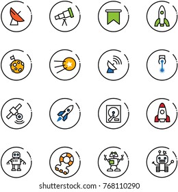 line vector icon set - satellite antenna vector, telescope, flag, rocket, moon, first, laser, hdd, robot, teethers