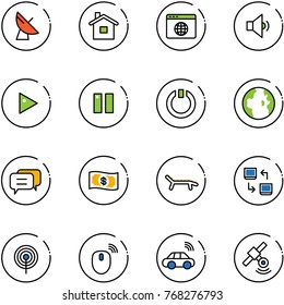 line vector icon set - satellite antenna vector, home, browser globe, low volume, play, pause, standby, dialog, money, lounger, data exchange, mouse wireless, car