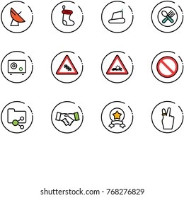 Line Vector Icon Set - Satellite Antenna Vector, Christmas Sock, Treadmill, Fork Spoon Plate, Safe, Multi Lane Traffic Road Sign, Car Crash, Prohibition, Shared Folder, Agreement, Star Medal