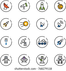 line vector icon set - satellite antenna vector, telescope, rocket, moon flag, first, laser, rover, robot, ufo toy