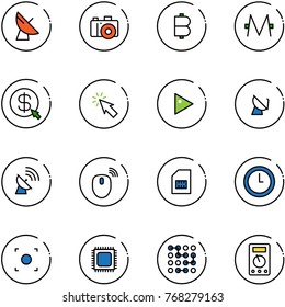 line vector icon set - satellite antenna vector, camera, bitcoin, monero, money click, cursor, play, mouse wireless, sim, clock, record button, cpu, circuit, multimeter