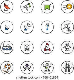 line vector icon set - satellite antenna vector, telescope, flag, first, laser, moon rover, hdd, rocket, robot, teethers, ufo toy