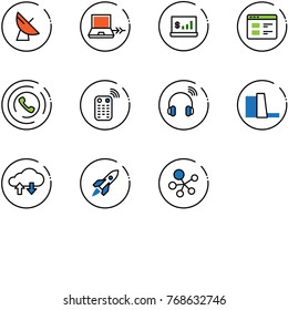 line vector icon set - satellite antenna vector, netabook connect, account statistics, website, phone horn, remote control, wireless headphones, water power plant, cloud exchange data, rocket