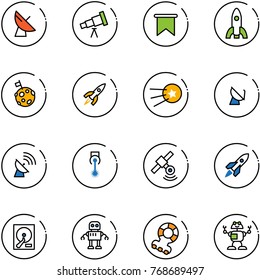 line vector icon set - satellite antenna vector, telescope, flag, rocket, moon, first, laser, hdd, robot, teethers