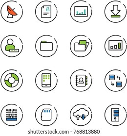 line vector icon set - satellite antenna vector, patient card, statistics, download, user password, folder, circle chart, mobile, contact book, data exchange, binary code, micro flash, cloud, server
