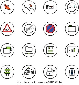 line vector icon set - satellite antenna vector, escalator down, hotel, no smoking sign, children road, end overtake limit, parking, folder, network, save, statistics, signpost, open, wireless lock