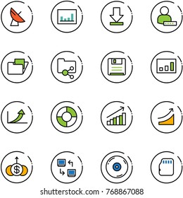 line vector icon set - satellite antenna vector, statistics, download, user password, folder, shared, save, growth arrow, circle chart, rise, dollar, data exchange, cd, micro flash card